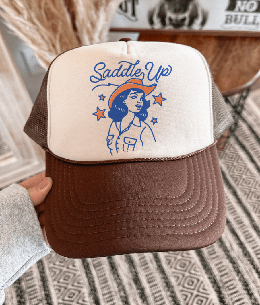 Made to Order | Saddle Up Cowgirl Trucker Hat in Brown and Tan