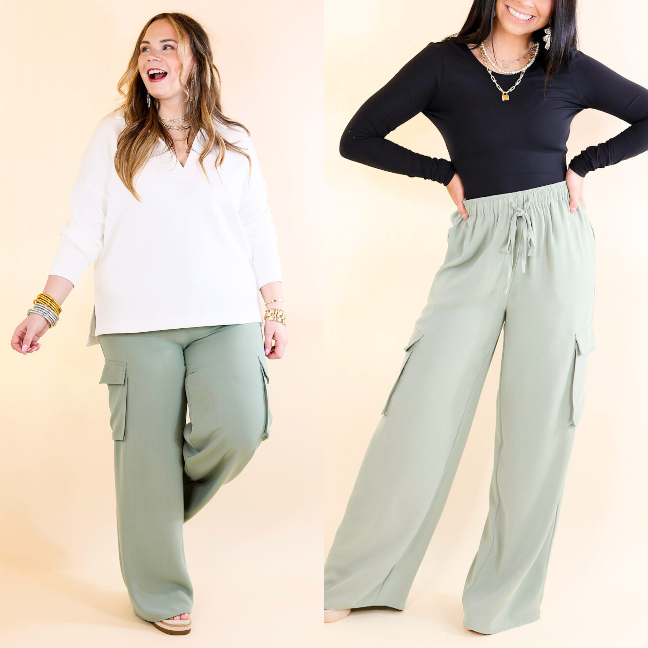 Sunday Stroll Wide Leg Cargo Pant in Sage Green - Giddy Up Glamour Boutique