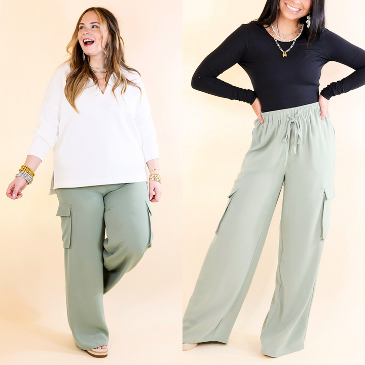 Sunday Stroll Wide Leg Cargo Pant in Sage Green - Giddy Up Glamour Boutique