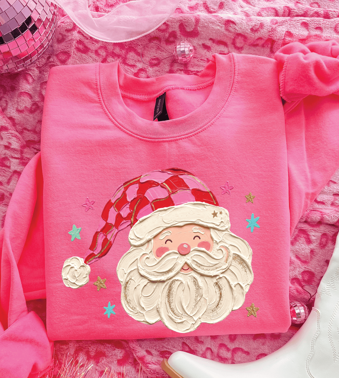 Made to Order | Santa Checkered Hat Graphic Sweatshirt in Neon Pink