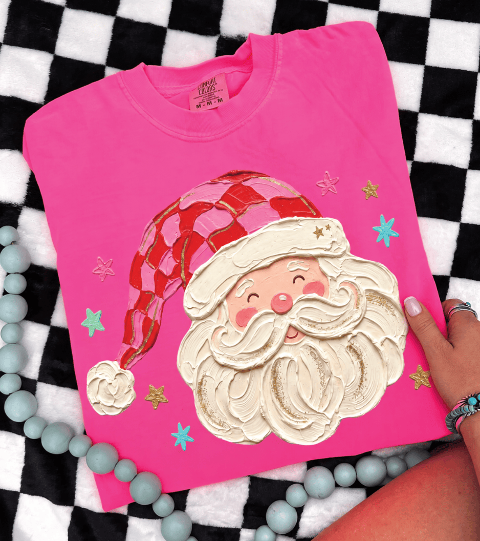 Made to Order | Santa Checkered Hat Graphic Tee in Neon Pink