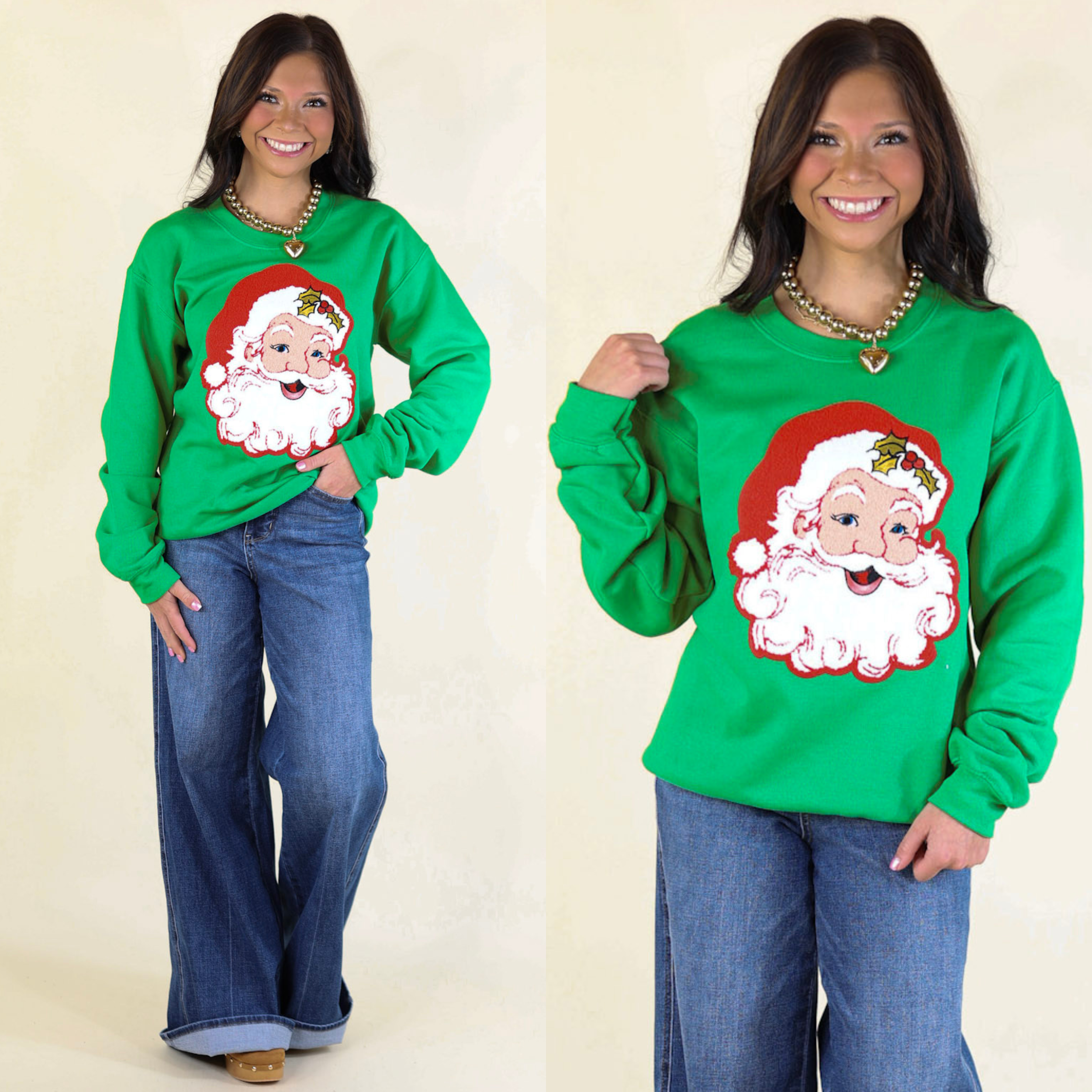 Santa Chenille Patch Graphic Sweatshirt in Green