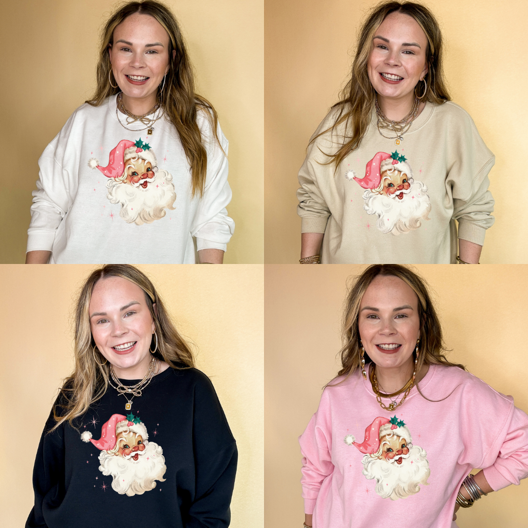 Online Exclusive | Santa Face with Pink Santa Hat Graphic Sweatshirt in Multiple Color Options