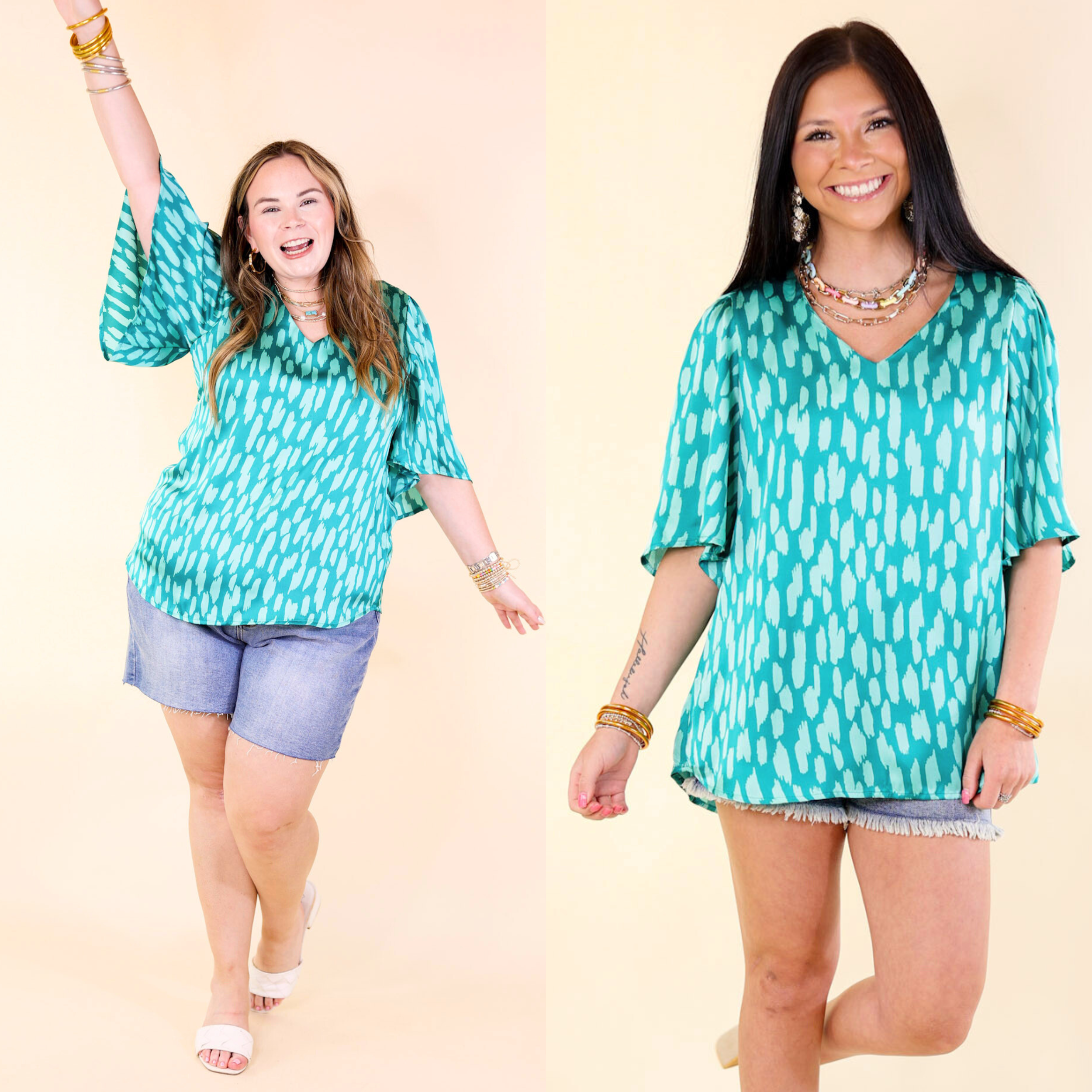 Giving You More Satin Dotted Print V Neck Blouse in Teal Mix