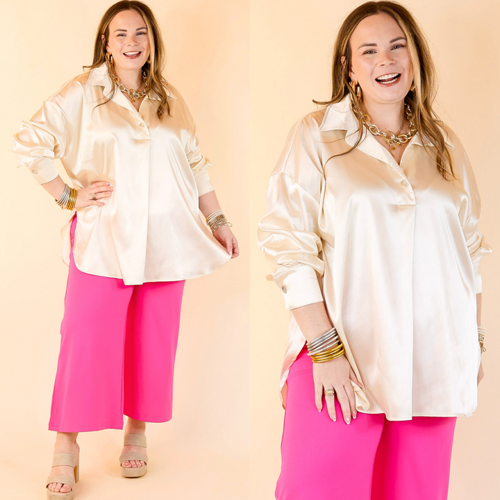 Start The Show Satin Long Sleeve Collared Top in Ivory