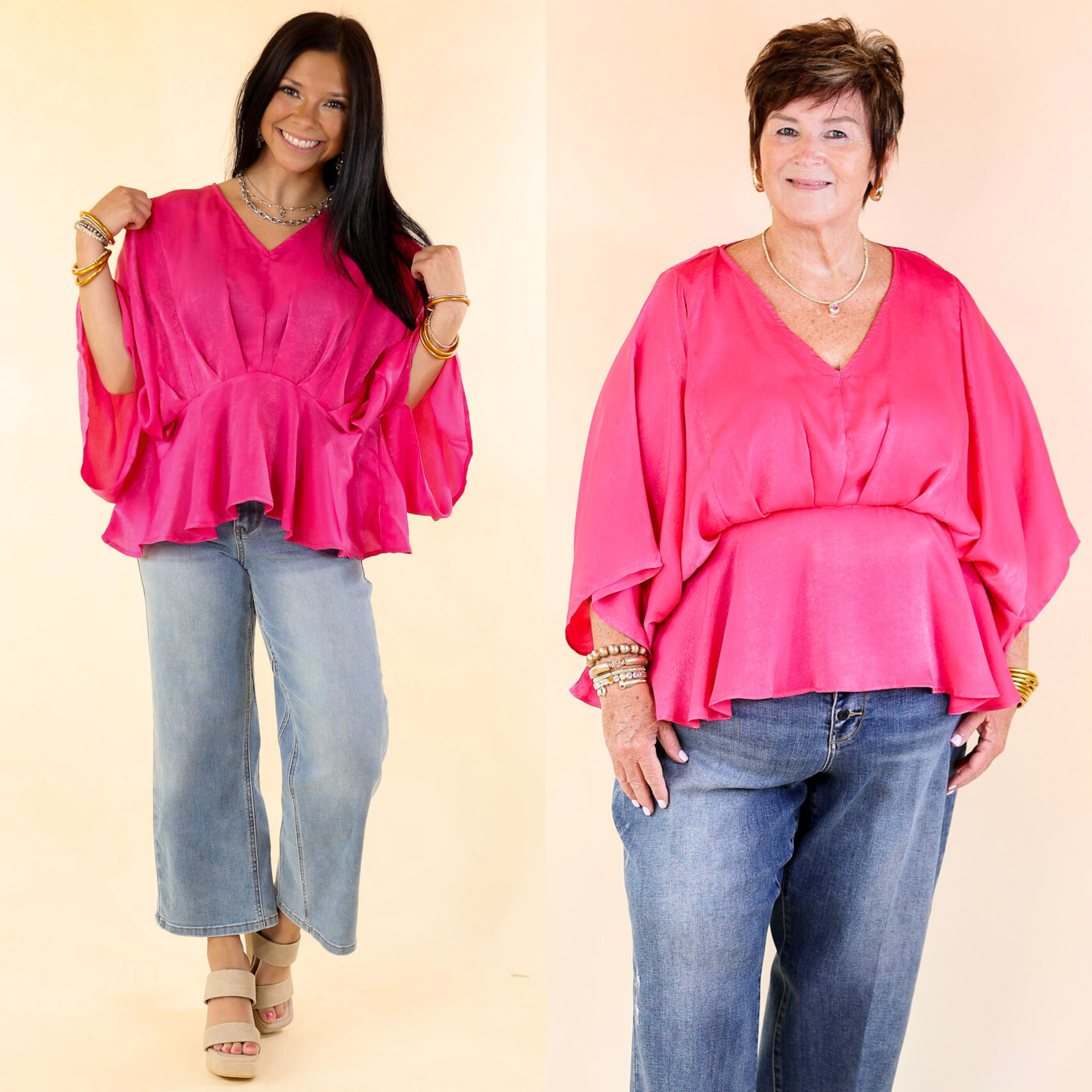 Hear the Music Drop Sleeve Satin V Neck Peplum Top in Hot Pink