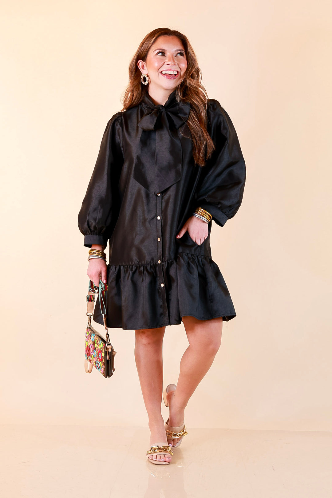 Sealed With a Bow Tie Neck Long Sleeve Button Front Dress with Ruffle Hem in Black
