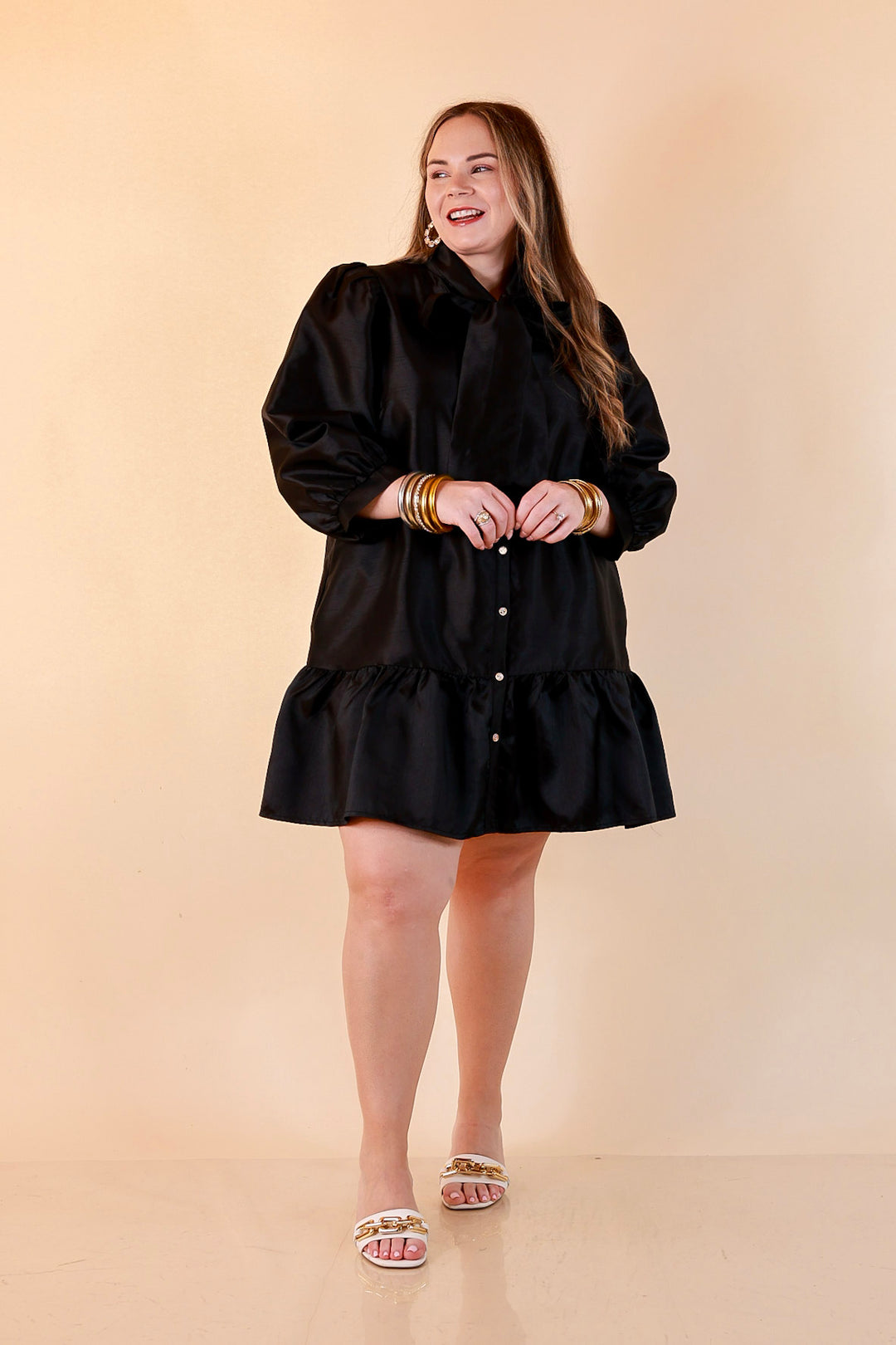 Sealed With a Bow Tie Neck Long Sleeve Button Front Dress with Ruffle Hem in Black