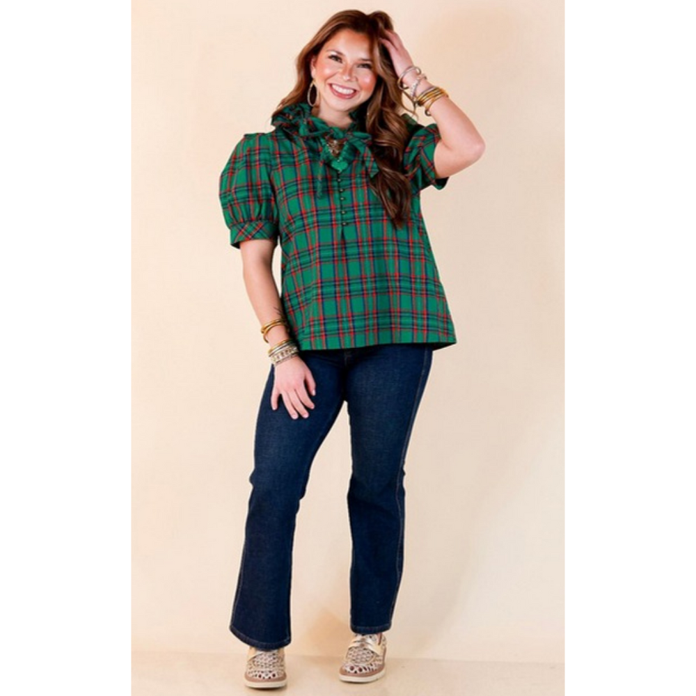 Season's Best Plaid Ruffle Collar Puff Sleeve Button Front Tie Neck Top in Green