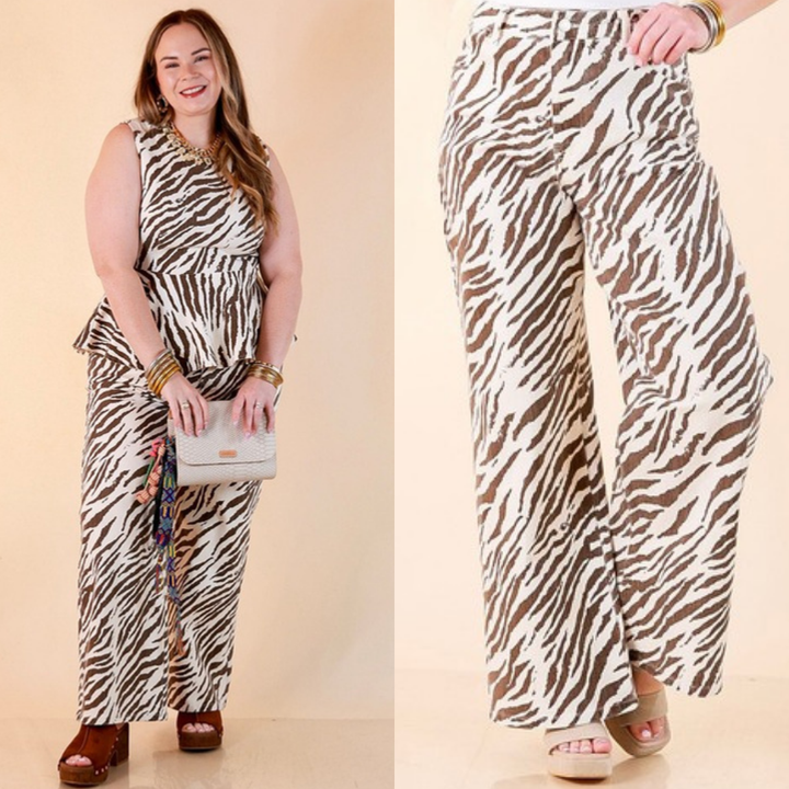 Two images of a woman wearing the Second Nature Zebra Print Wide Leg Pants in Ecru and Brown on a beige background