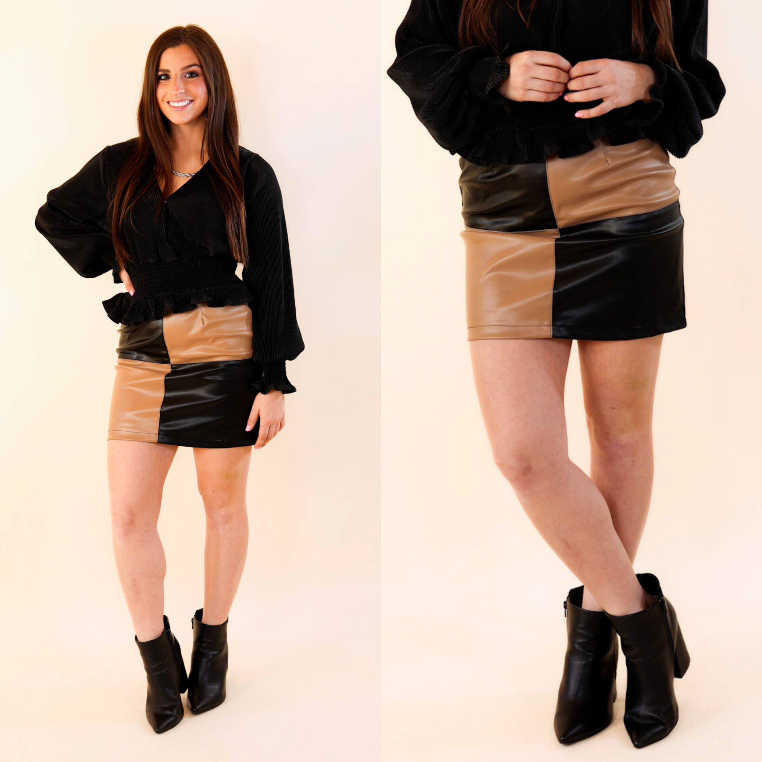 Model is wearing a color block skirt in black and brown and paired it with black booties and a black top. 