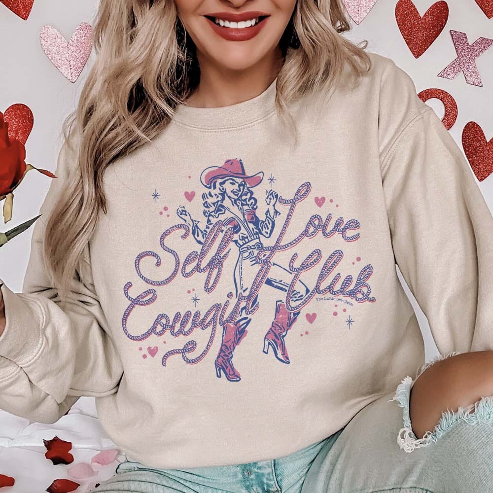 Online Exclusive | Self Love Cowgirl Club Long Sleeve Graphic Sweatshirt in Cream - Giddy Up Glamour Boutique