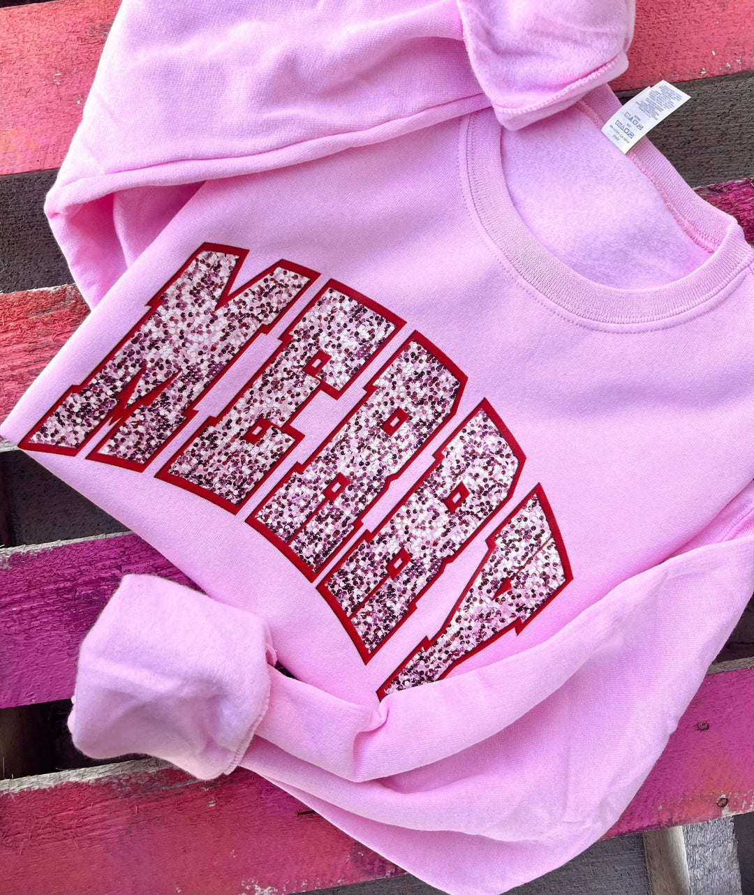 Made to Order | Sequin Merry Christmas Graphic on Tee or Sweatshirt in Pink