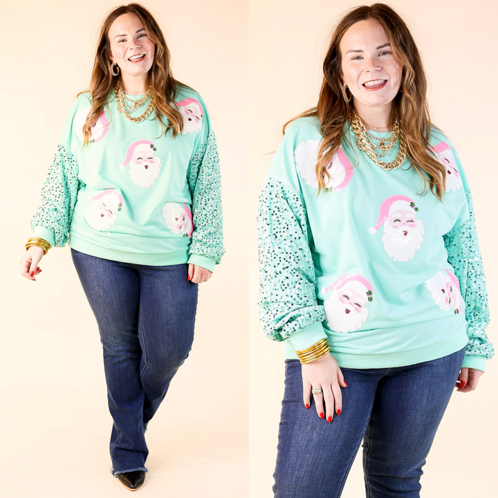 Last Chance Size 2XL | Sequin Santa Crewneck Sweatshirt with Velvet Sleeves in Mint Green