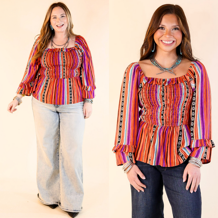 Blissful Break Serape Print Peplum Top with Smocked Bodice in Rust Orange Mix