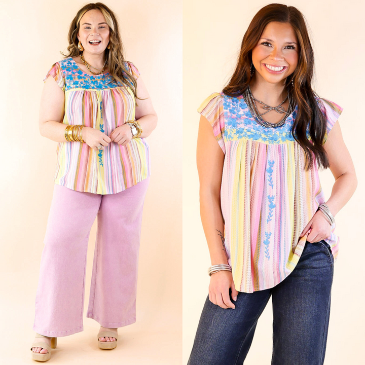 Grab My Hand Serape Ruffle Cap Sleeve Top with Floral Embroidery in Pink Mix