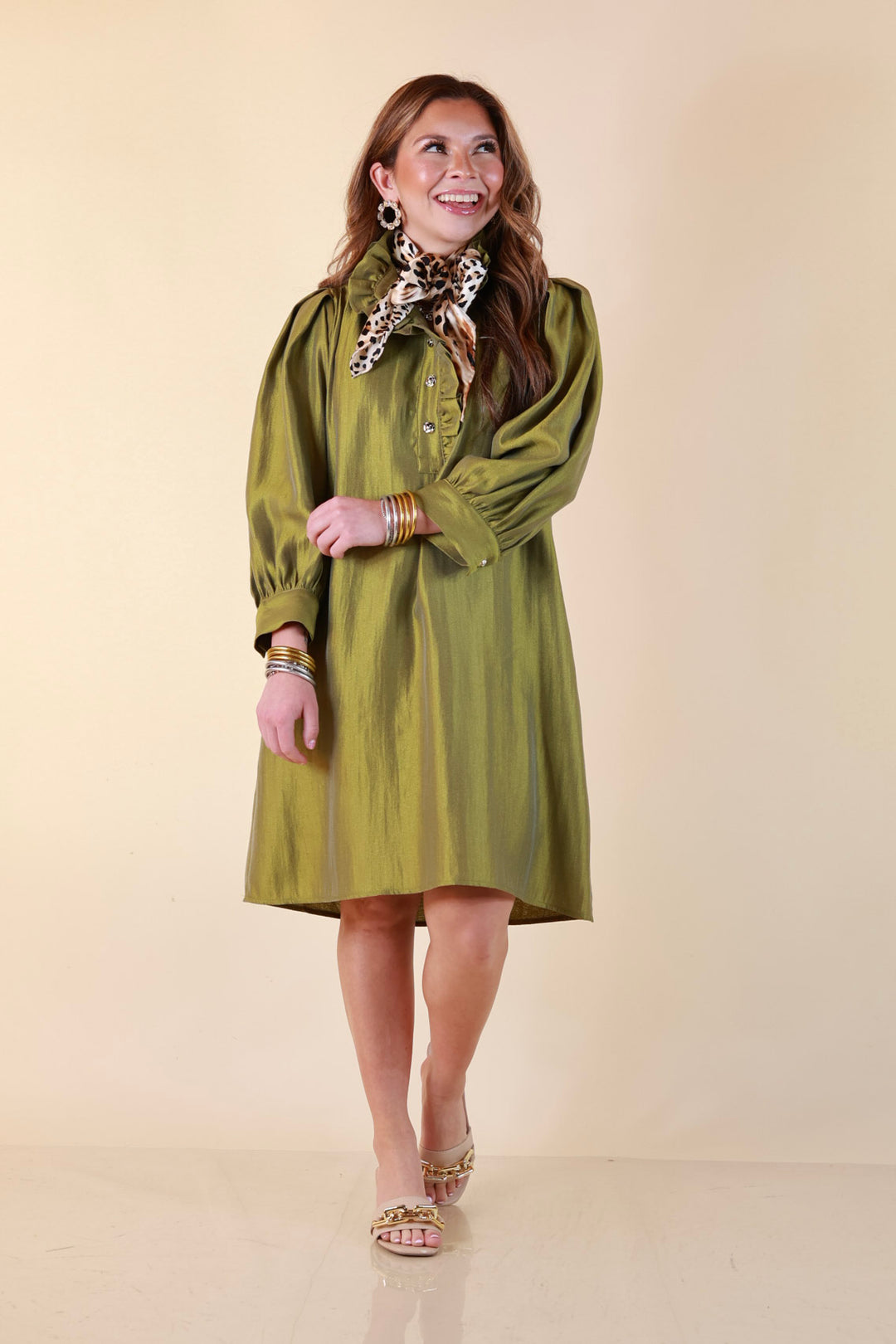 Shaken Not Stirred Ruffle Collar Long Sleeve Shift Dress with Gold Buttons in Martini Olive