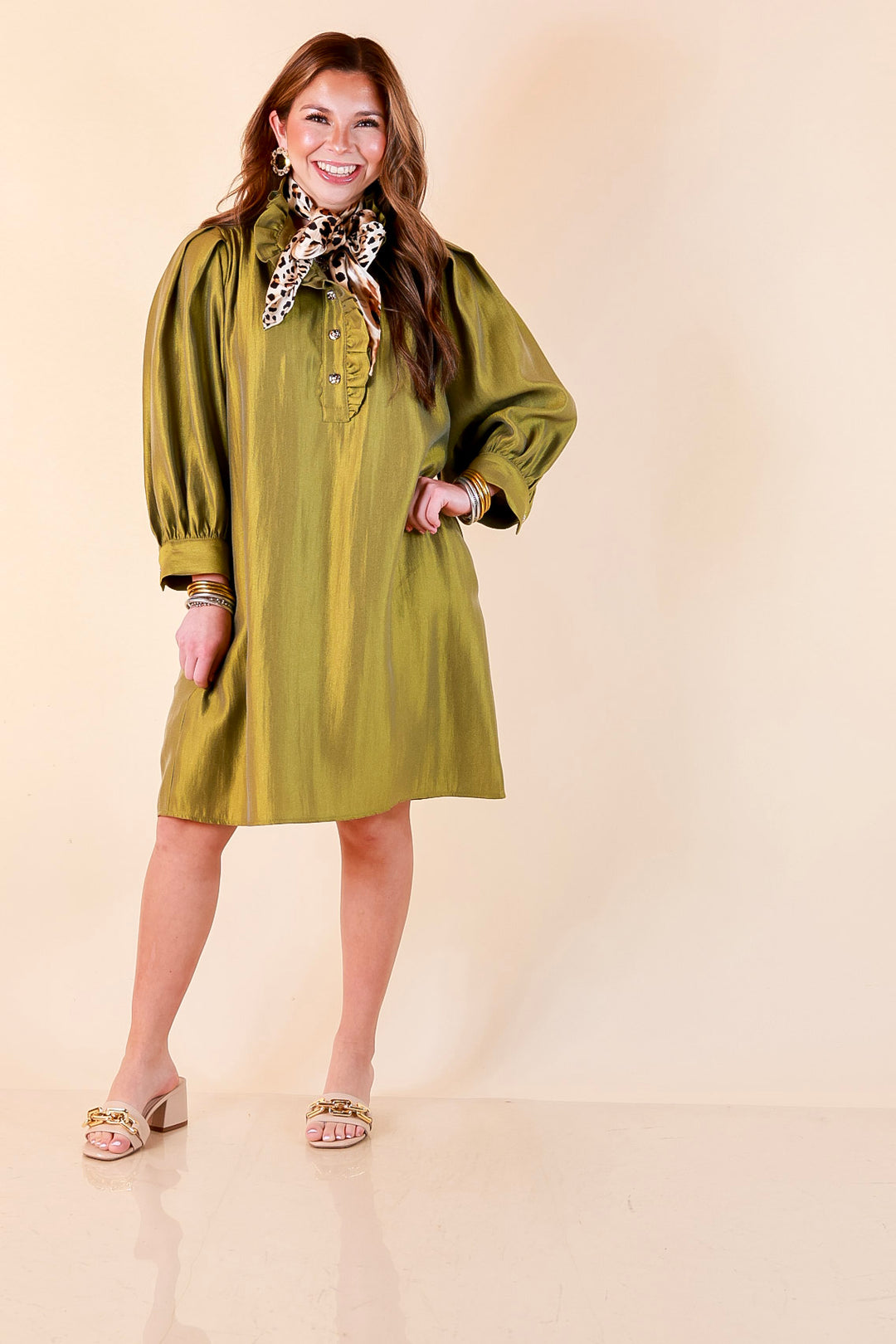 Shaken Not Stirred Ruffle Collar Long Sleeve Shift Dress with Gold Buttons in Martini Olive