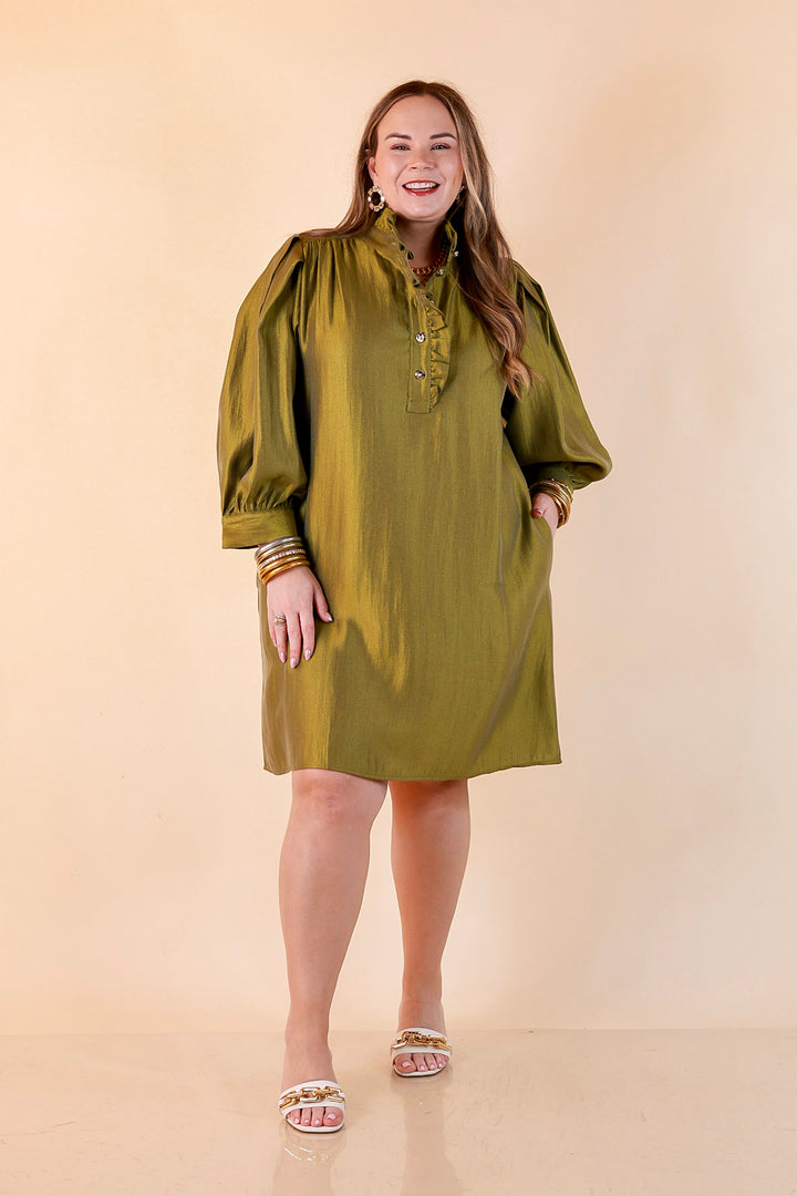 Shaken Not Stirred Ruffle Collar Long Sleeve Shift Dress with Gold Buttons in Martini Olive