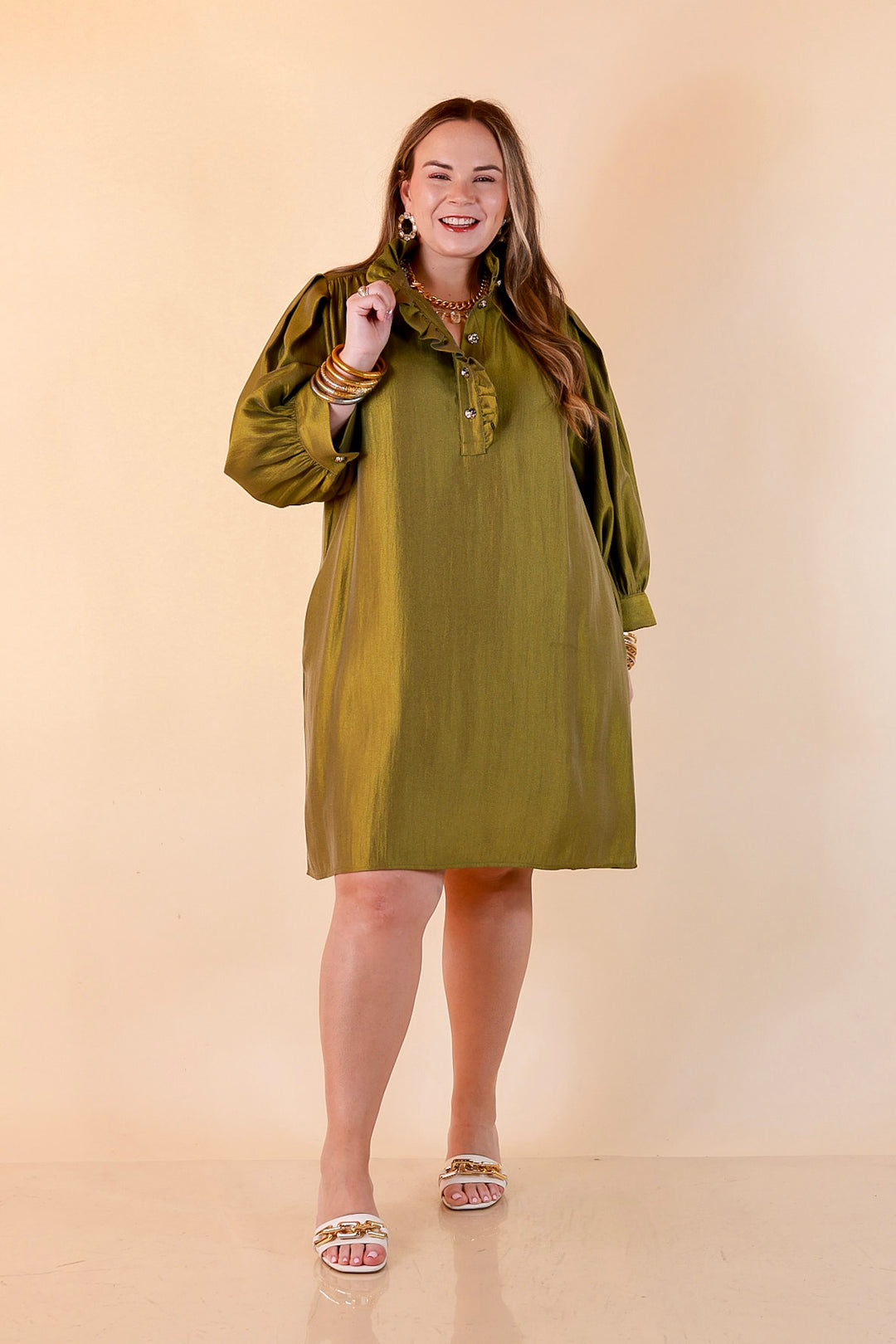 Shaken Not Stirred Ruffle Collar Long Sleeve Shift Dress with Gold Buttons in Martini Olive