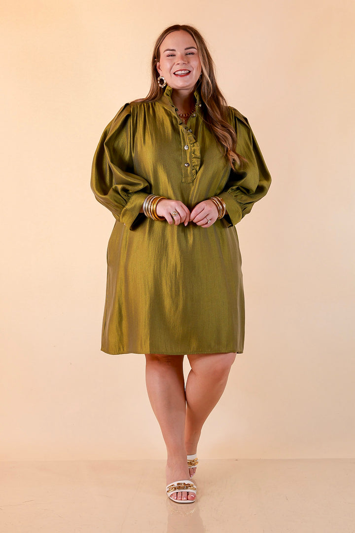 Shaken Not Stirred Ruffle Collar Long Sleeve Shift Dress with Gold Buttons in Martini Olive