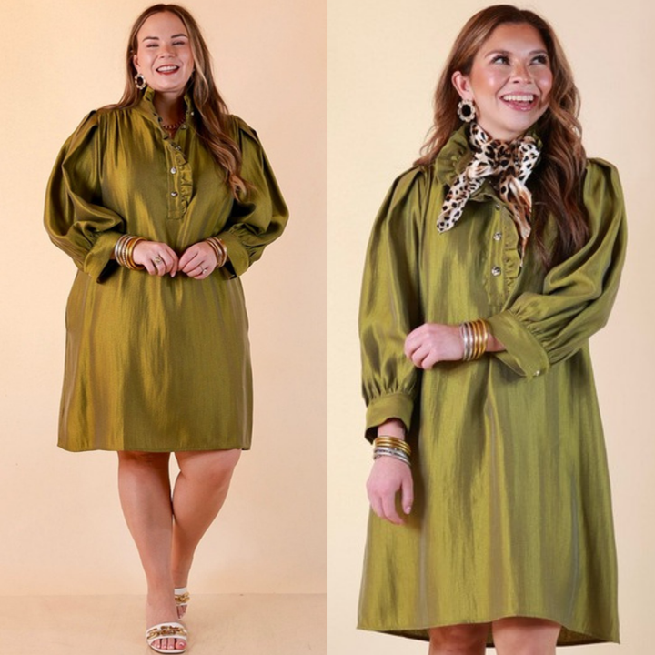 Two images of a woman wearing the Shaken Not Stirred Ruffle Collar Long Sleeve Shift Dress with Gold Buttons in Martini Olive on a beige background
