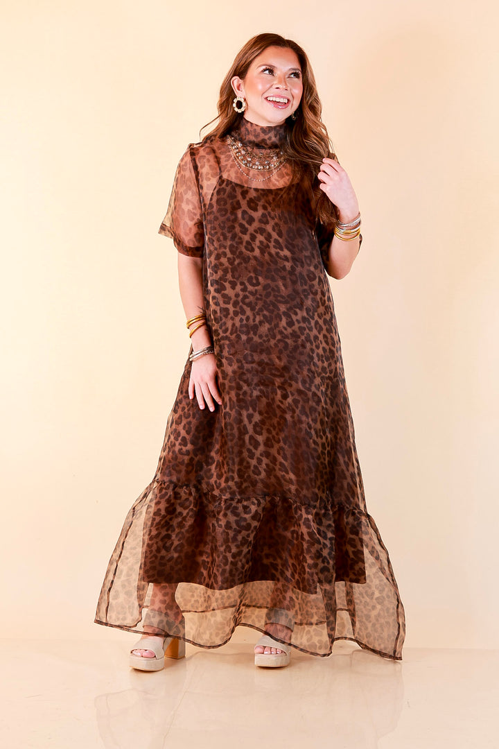 Sheer Delight Leopard Print Organza Short Sleeve Ruffle Hem Maxi Dress in Brown