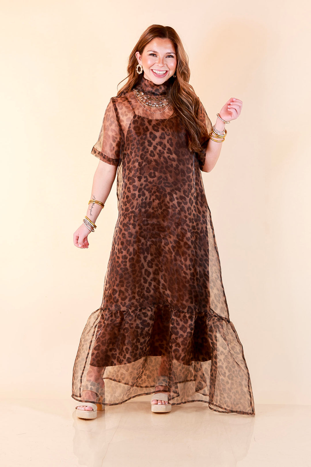 Sheer Delight Leopard Print Organza Short Sleeve Ruffle Hem Maxi Dress in Brown