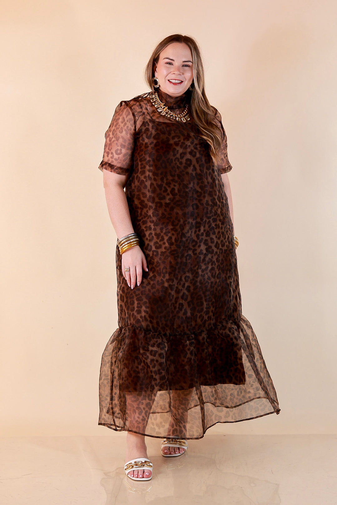 Sheer Delight Leopard Print Organza Short Sleeve Ruffle Hem Maxi Dress in Brown