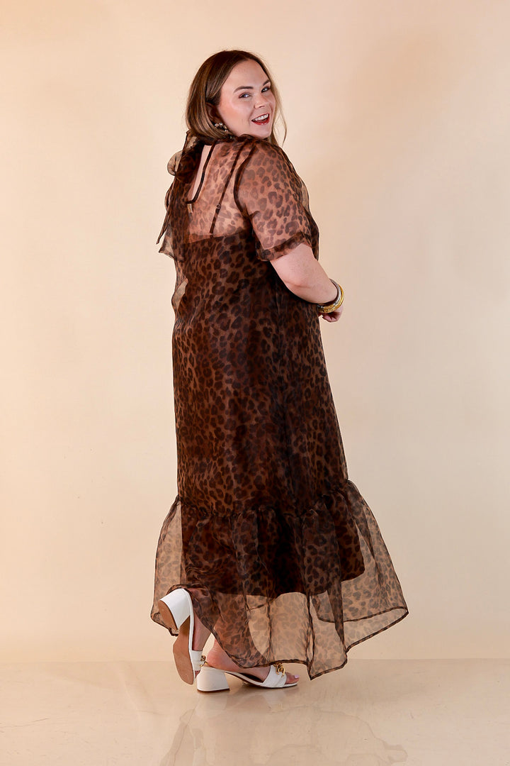 Sheer Delight Leopard Print Organza Short Sleeve Ruffle Hem Maxi Dress in Brown