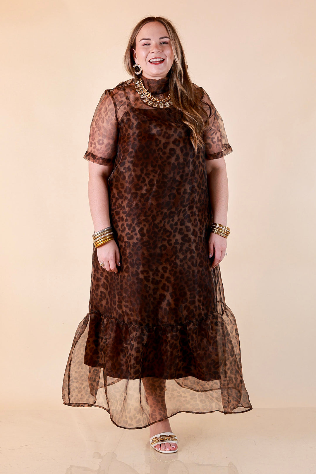 Sheer Delight Leopard Print Organza Short Sleeve Ruffle Hem Maxi Dress in Brown