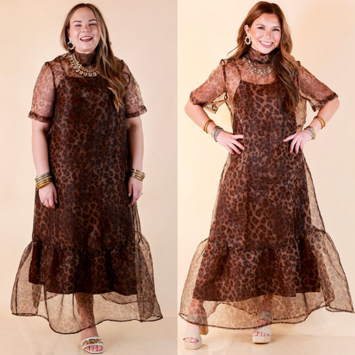 Two images of a woman wearing the Sheer Delight Leopard Print Organza Short Sleeve Ruffle Hem Maxi Dress in Brown on a beige background