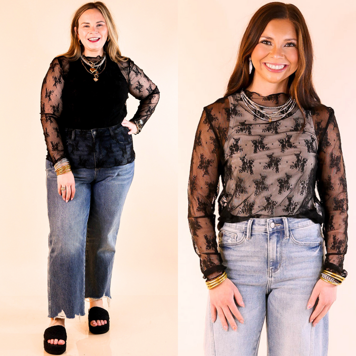 Delicate Charm Long Sleeve Sheer Lace Top with Mock Neck in Black