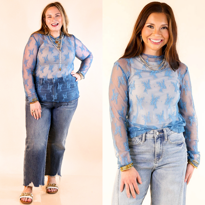 Delicate Charm Long Sleeve Sheer Lace Top with Mock Neck in Blue