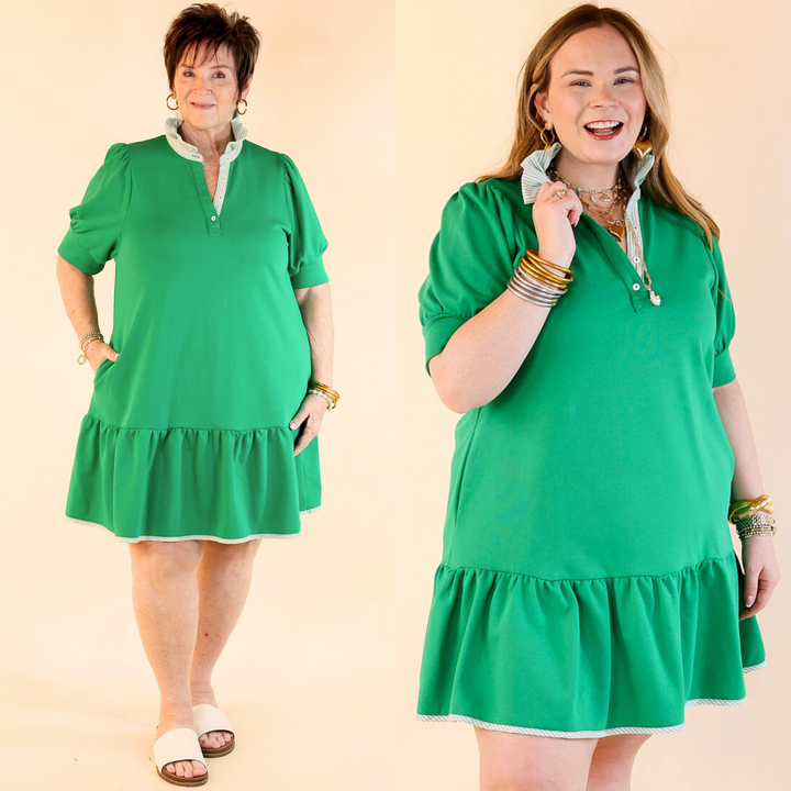 Elevated Ease Short Puff Sleeve Dress with Ruffled Collar in Kelly Green