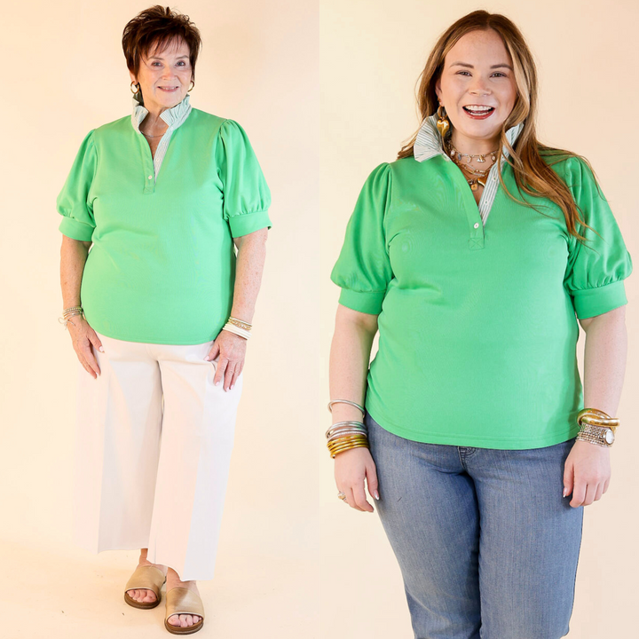 Featuring short puff sleeves, a ruffled striped collar, and a flattering V-neckline that is accented with four functional buttons. Sizes small to plus sizes.