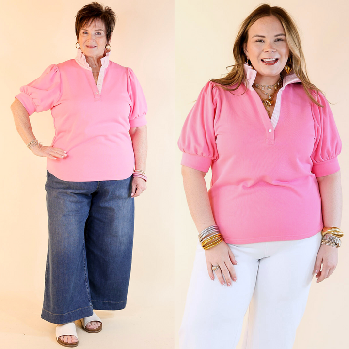Sleek Sophistication Short Puff Sleeve Top with Striped Collar in Pink