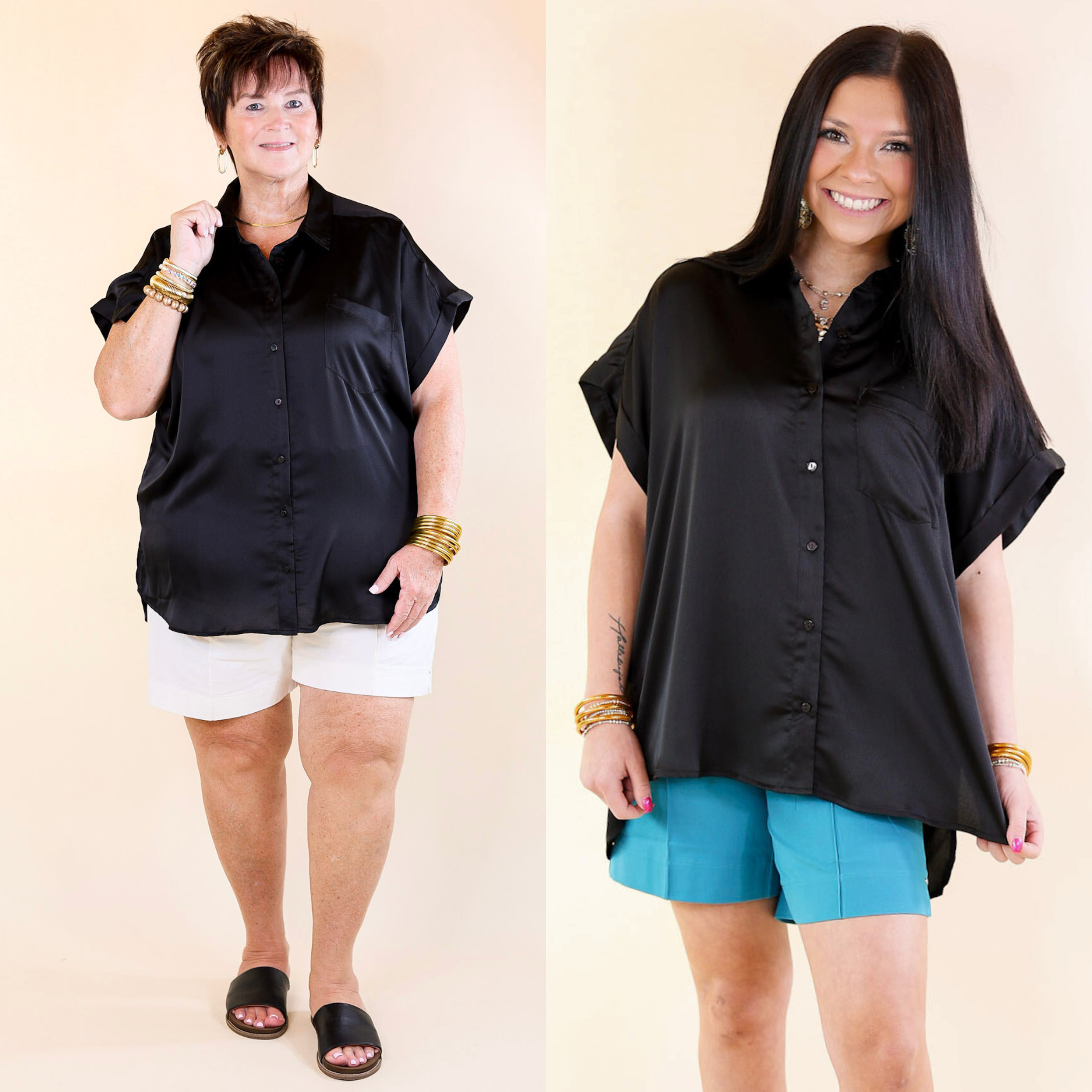 Free To Be Fab Button Up Short Sleeve Top in Black