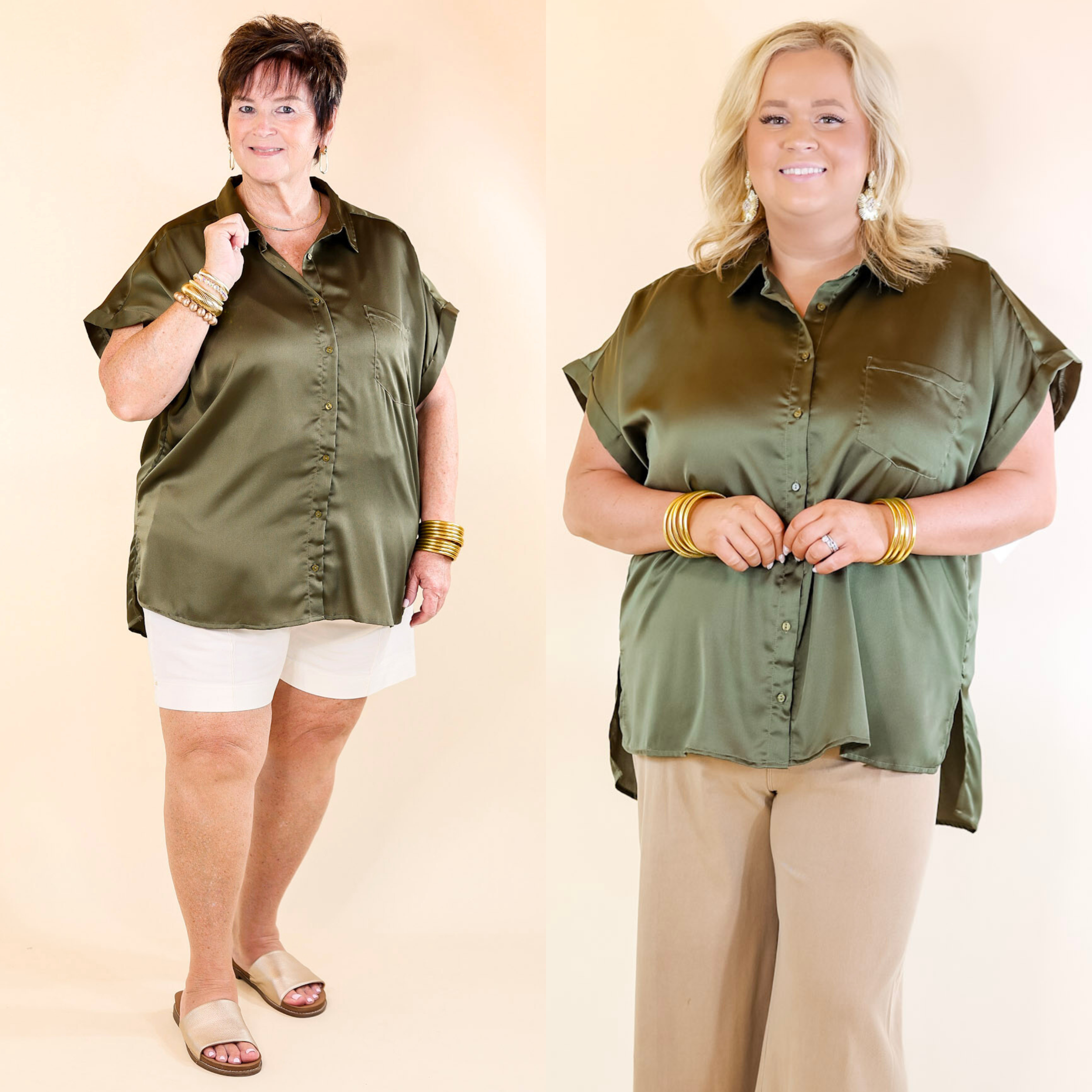 Free To Be Fab Button Up Short Sleeve Top in Olive Green