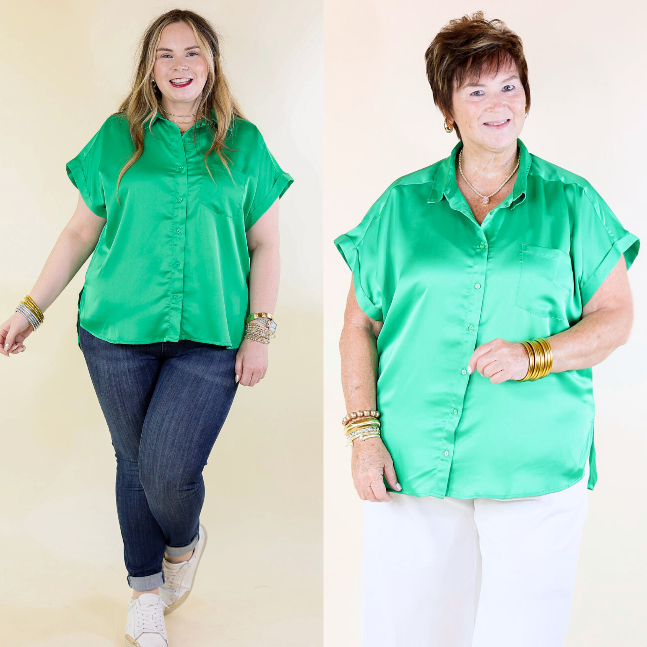 Free To Be Fab Button Up Short Sleeve Top in Green