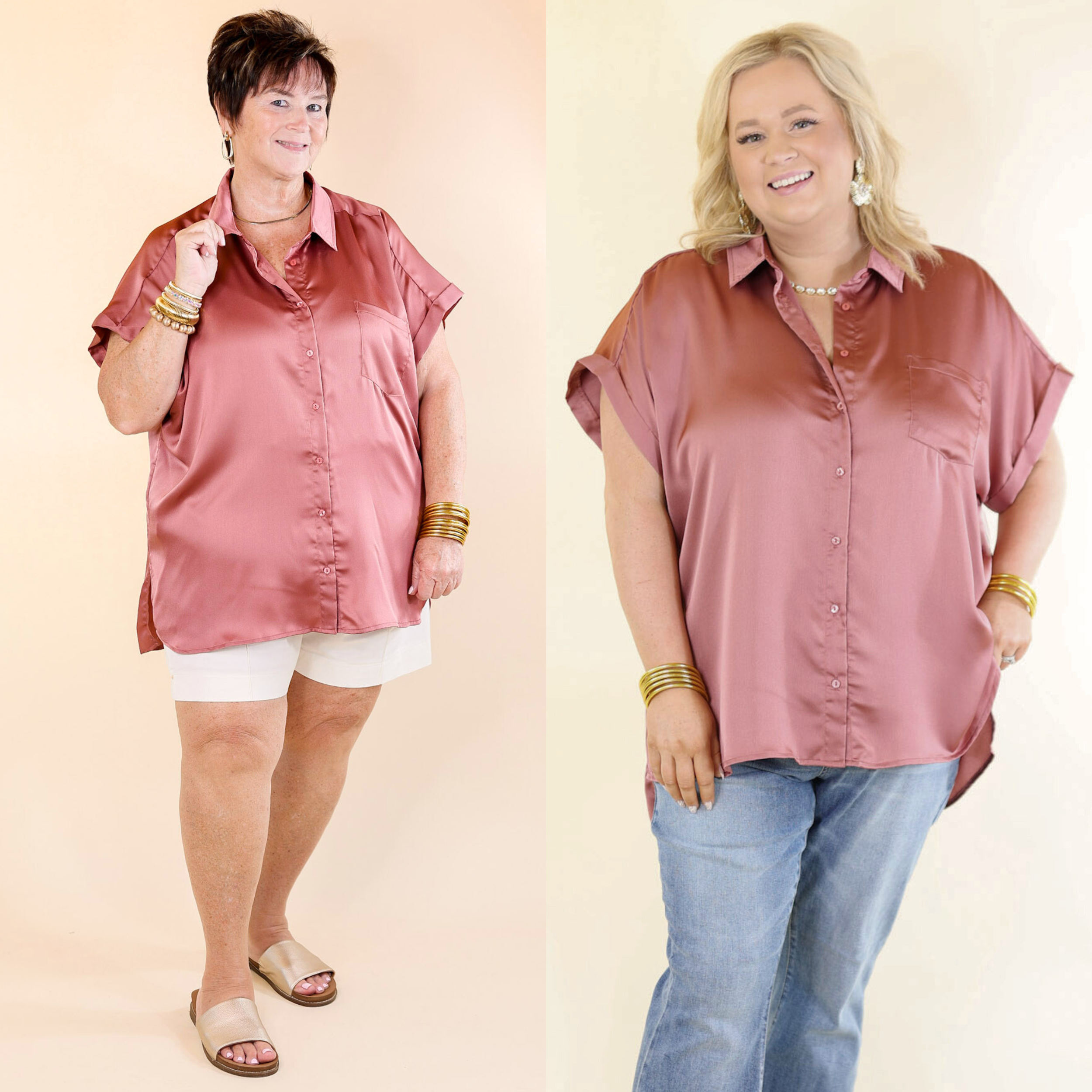 Free To Be Fab Button Up Short Sleeve Top in Mauve Pink