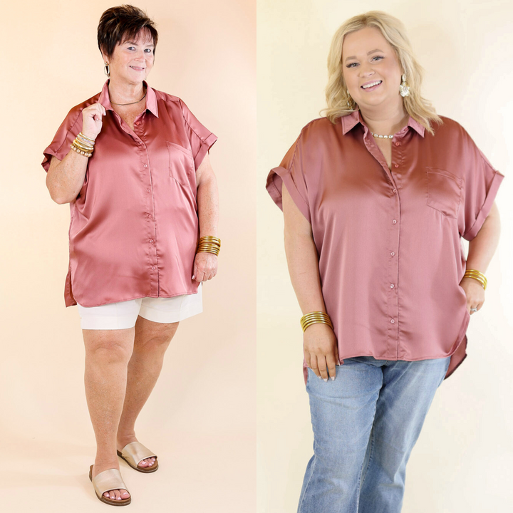 Free To Be Fab Button Up Short Sleeve Top in Mauve Pink