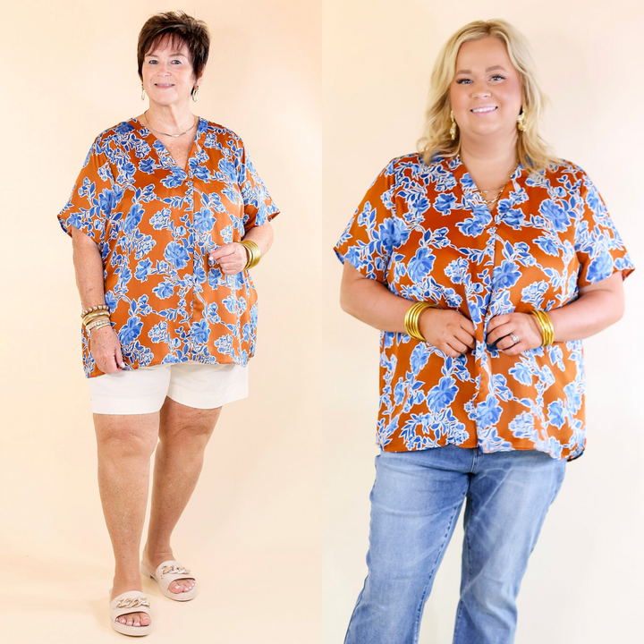 Whimsical Ways Floral Short Sleeve Blouse in Copper and Blue