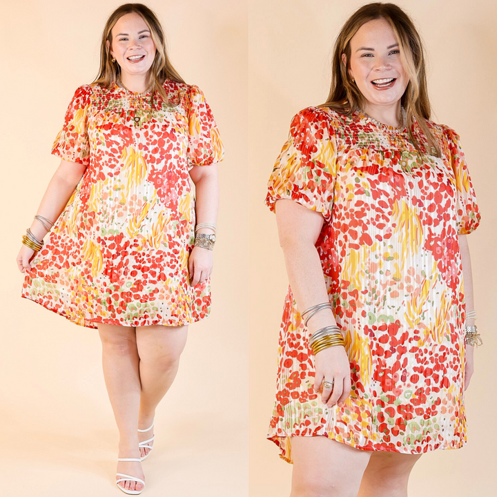 Simply Radiant Mix Floral Print Dress with Short Sleeves in Red and Yellow Mix