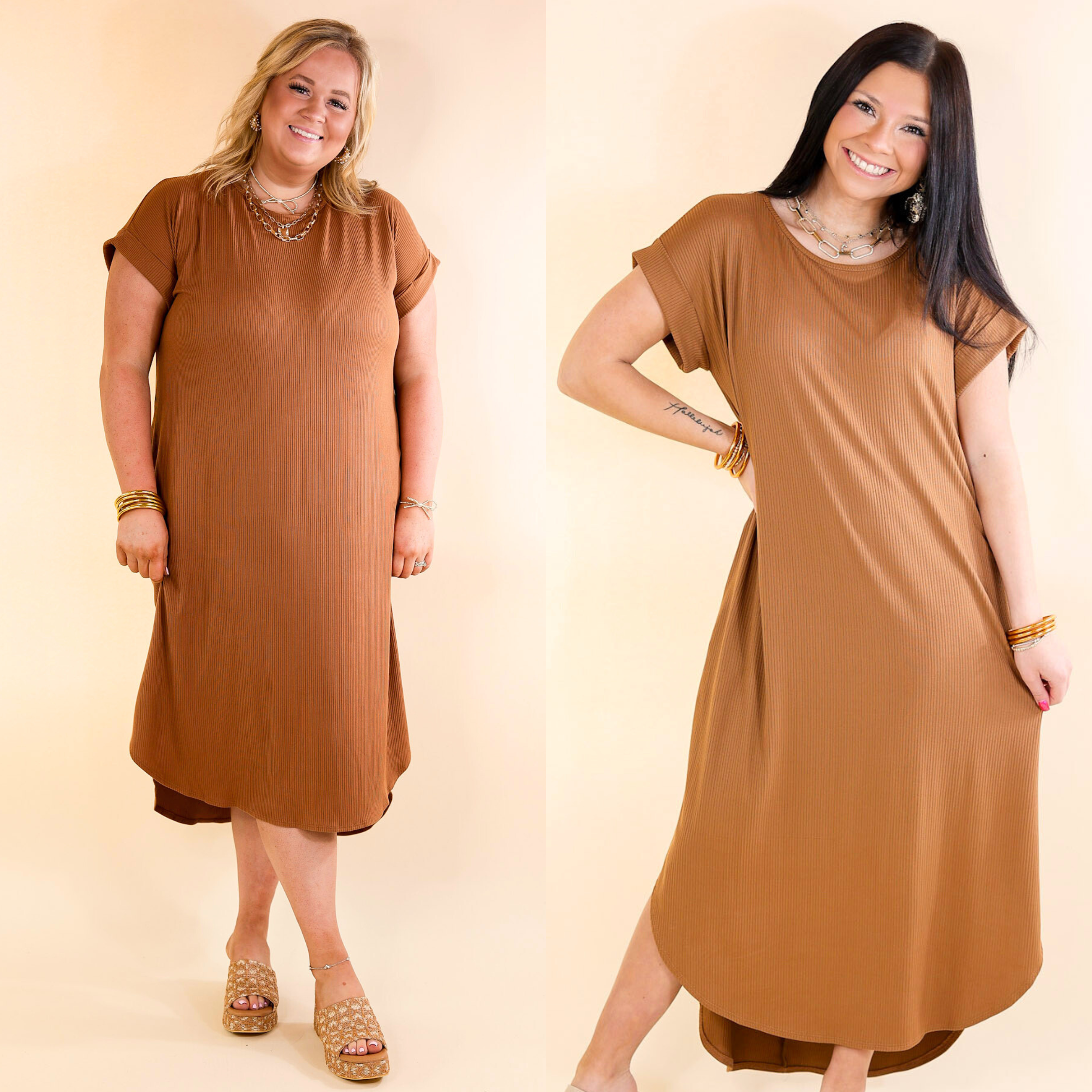 Last Chance Size Small, XL & 1XL | Chill Looks Short Sleeve Thin Ribbed Midi Dress in Caramel Brown