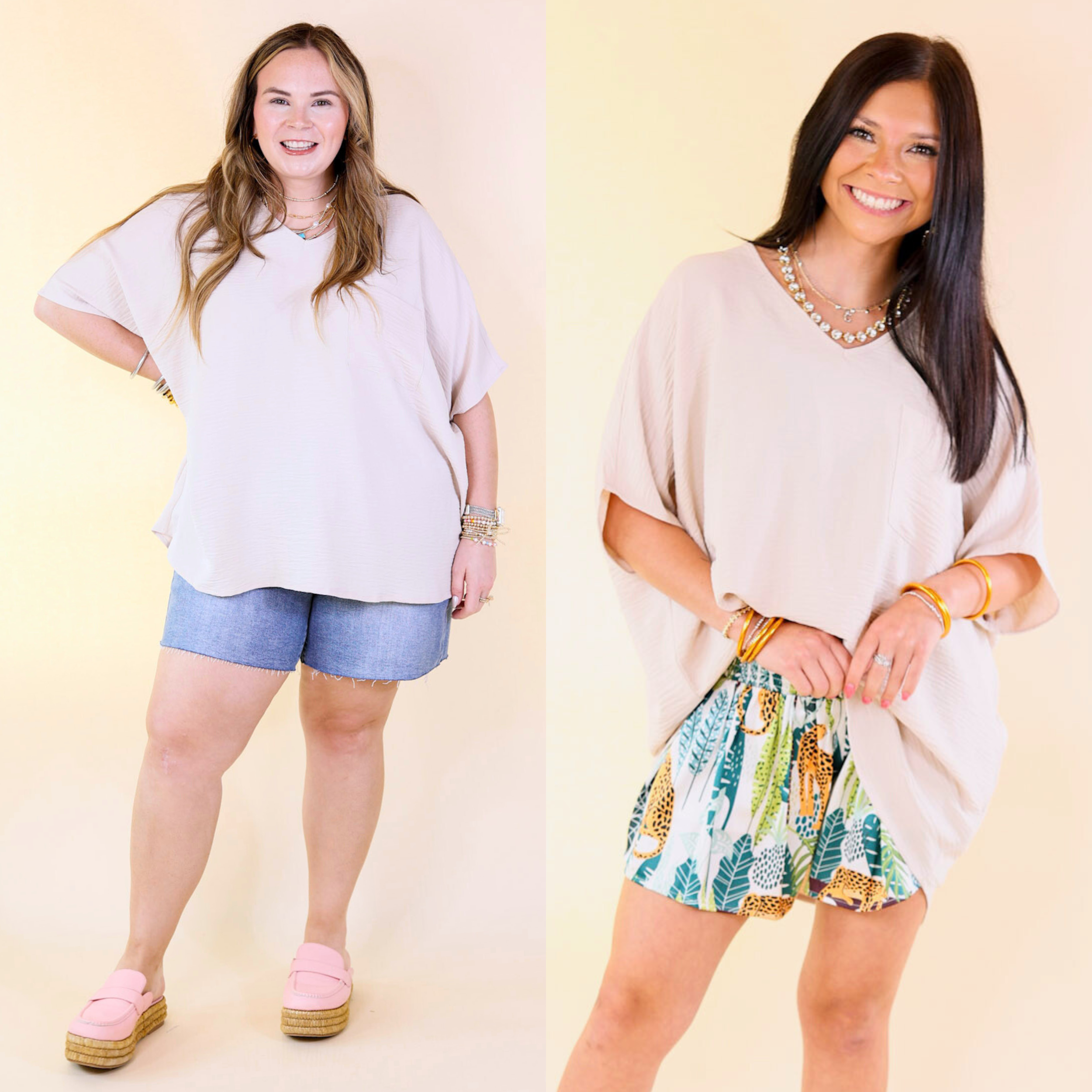 Try To Resist Short Sleeve V Neck Top with Front Pocket in Beige