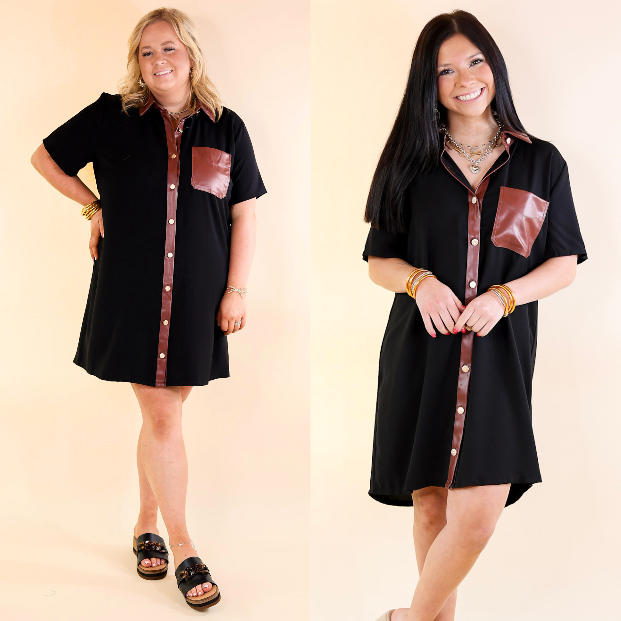 Put Your Records On Button Up Faux Leather Trim Dress in Black