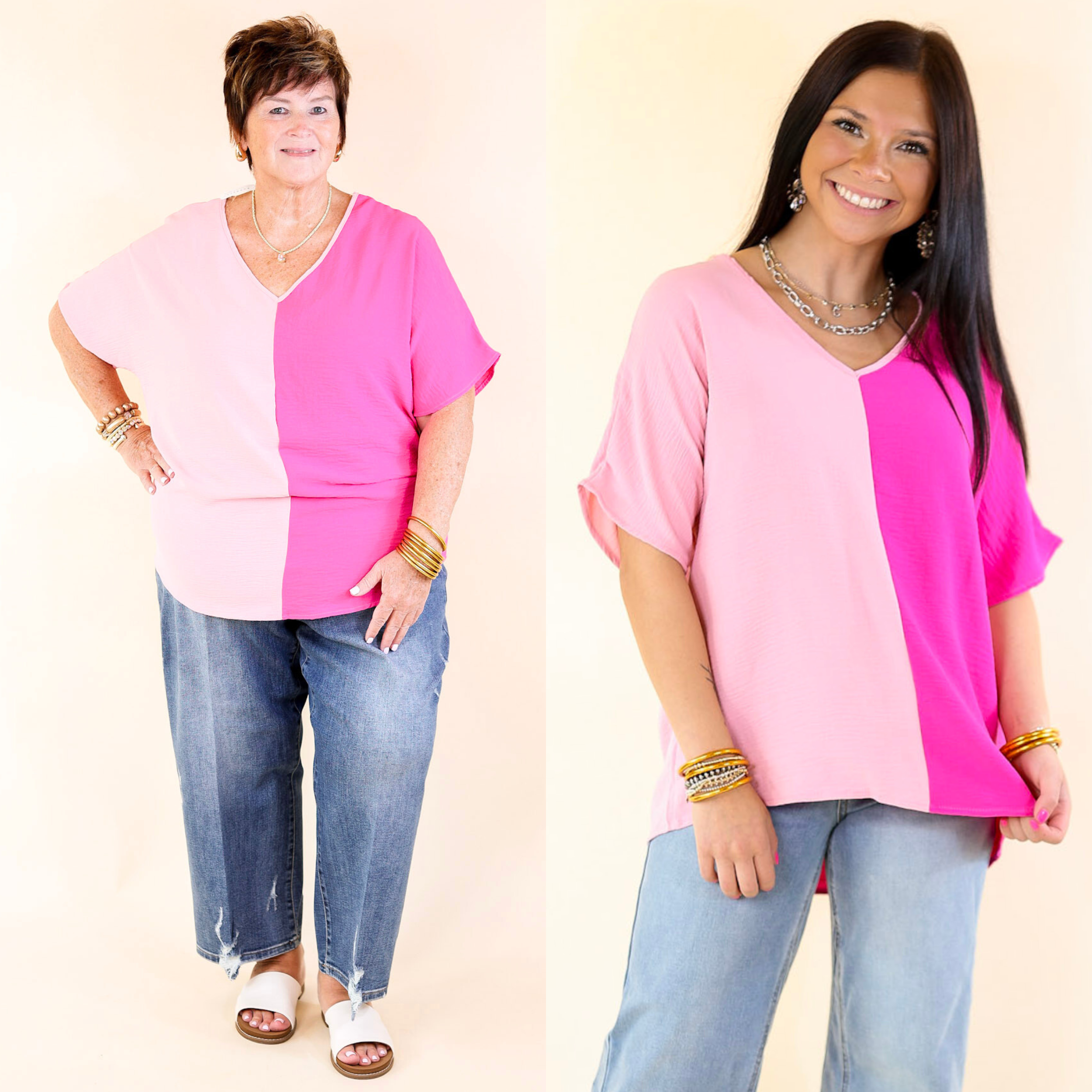 Lovely Dear V Neck Short Sleeve Color Block Top in Fuchsia and Light Pink