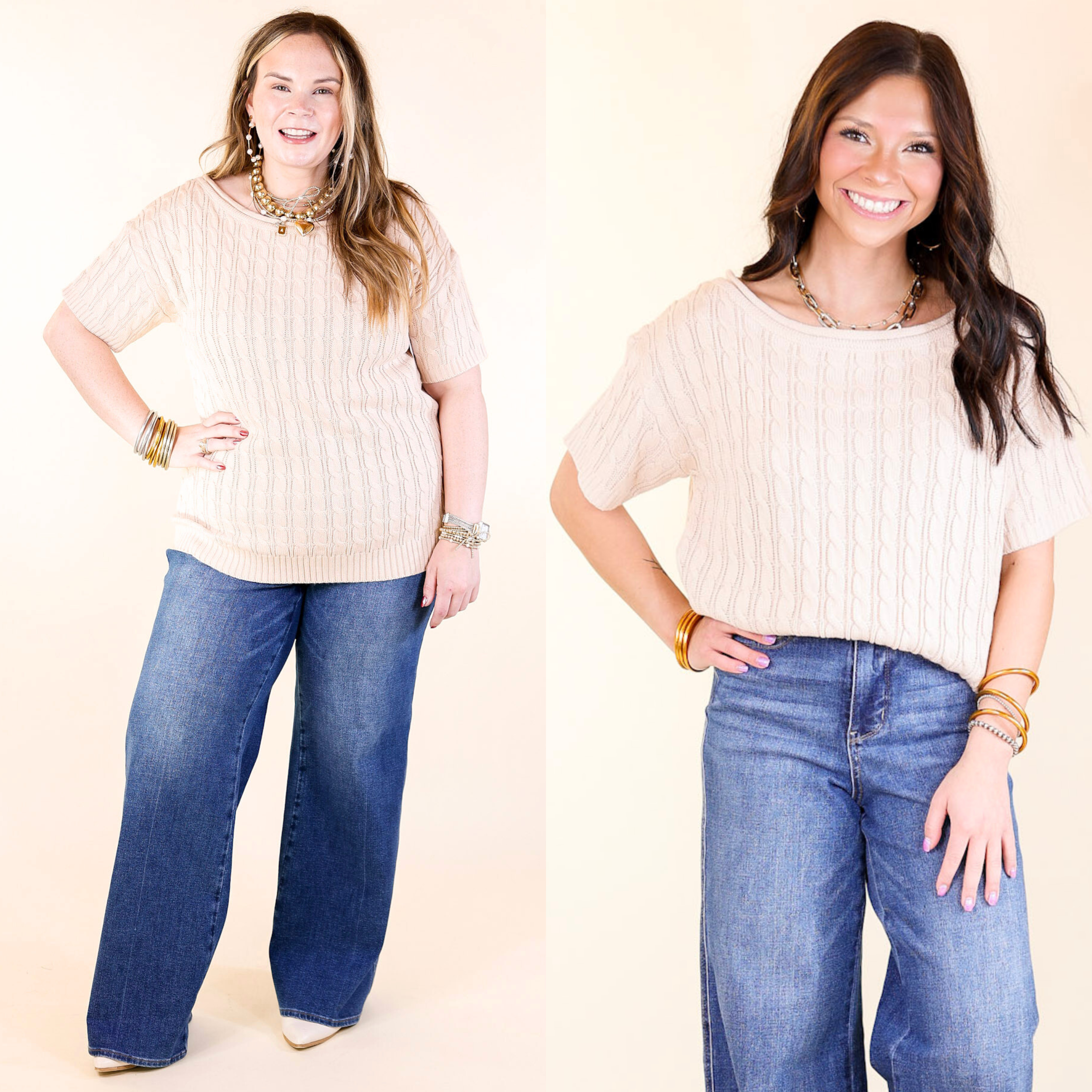 Day Date Short Sleeve Sweater with Scoop Neckline in Beige