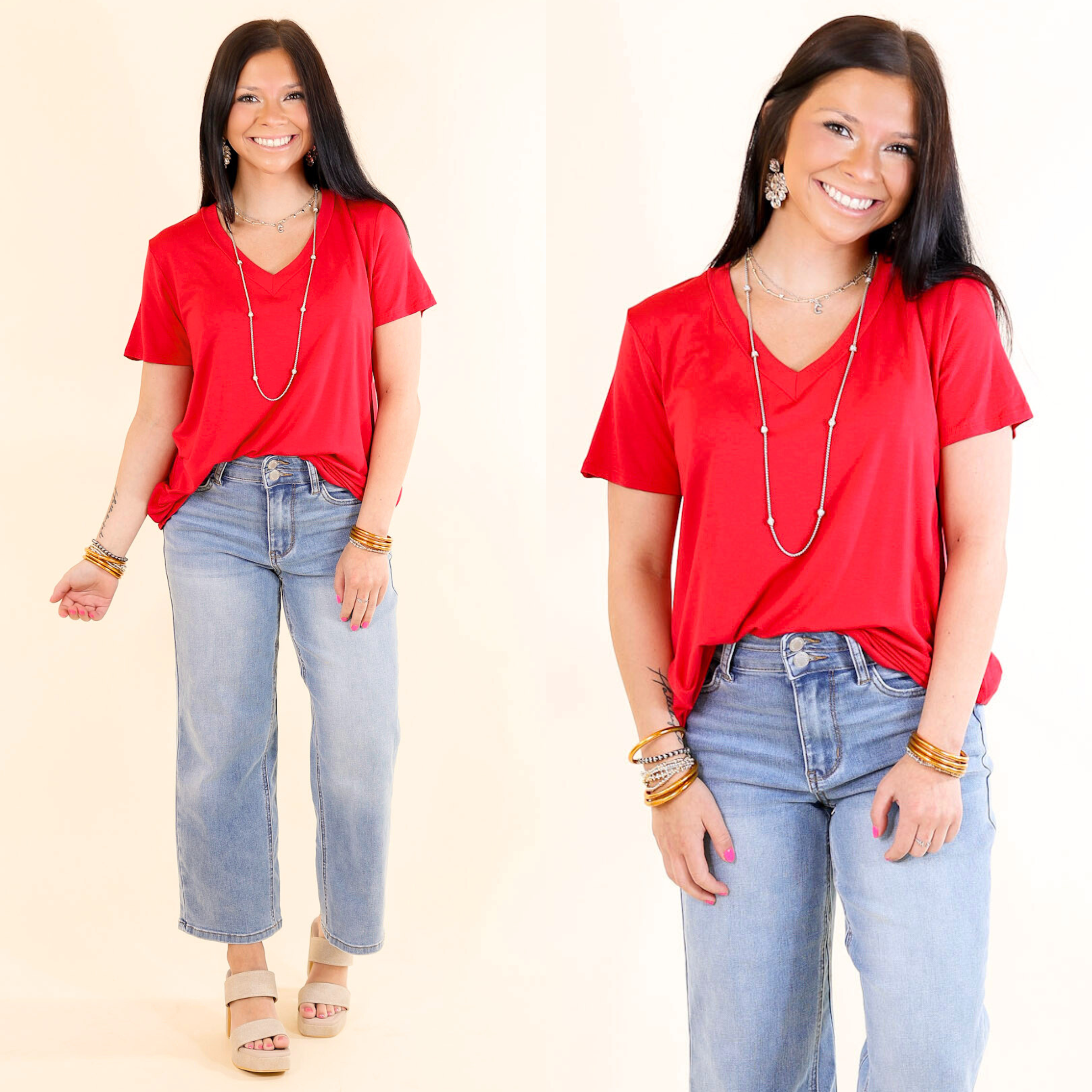 It's That Simple Solid V Neck Tee in Red